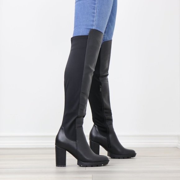 Black Faux Leather Round Toe Thigh High Over The Knee Lug Block Heel Boots - Picture 4 of 15